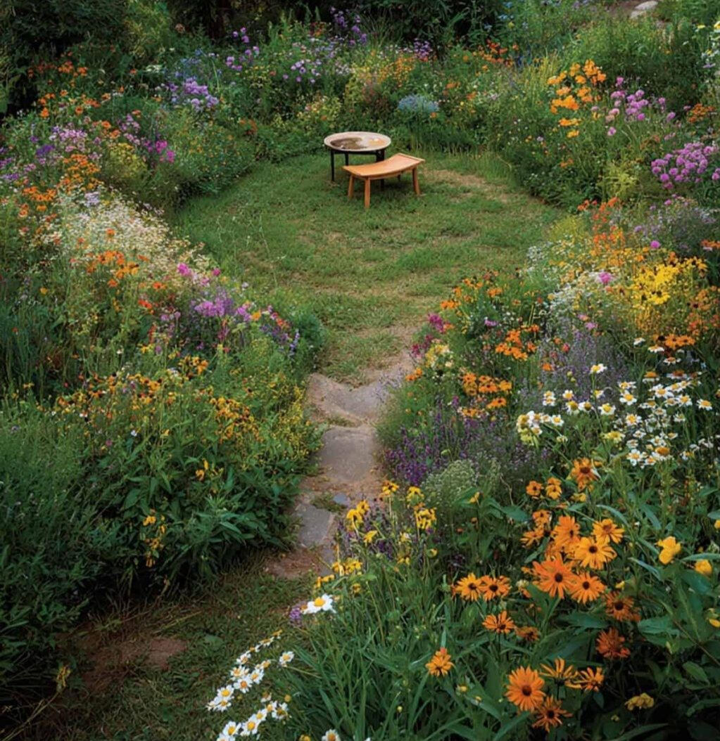 Wildflower cottage garden sanctuary with stone path leading to a peaceful seating area surrounded by orange black eyed susan, purple coneflower, white daisy, and native perennials — DIY pollinator garden design for Midwest yards Zone 6b
