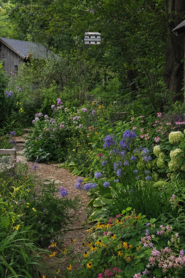 Lush naturalistic cottage garden path winding through native perennials featuring blue campanula, black eyed susan, pink bee balm, hosta, and hydrangea — DIY cottage core backyard garden design for Midwest homeowners Zone 6b