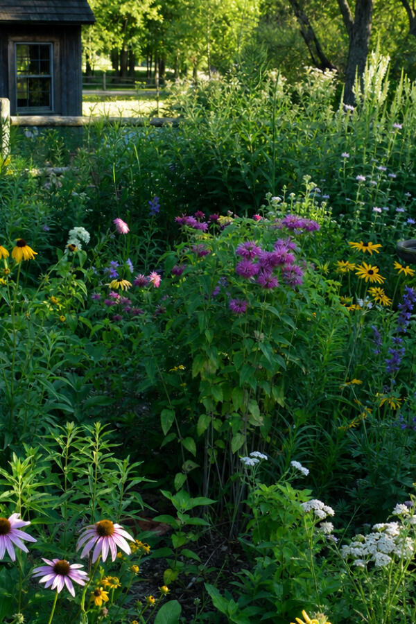 Lush native plant cottage garden in full summer bloom featuring purple bee balm, pink coneflower, black eyed susan, and white yarrow — naturalistic DIY landscape design for Midwest Zone 6b yards