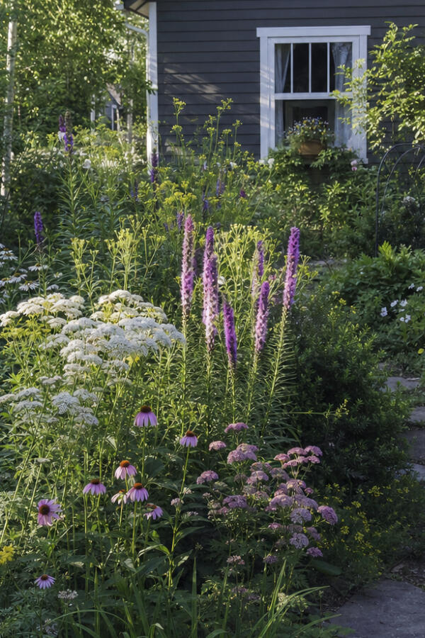 Cottage core front yard garden in full summer bloom featuring purple liatris spicata, pink echinacea coneflower, and white Queen Anne's lace — naturalistic native plant curb appeal for Midwest Zone 6b homes