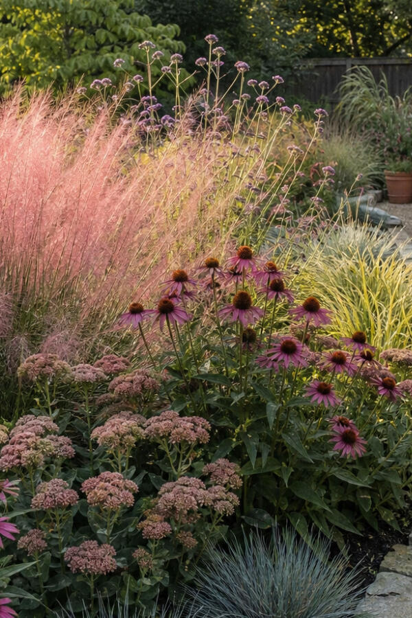 Dreamy cottage core garden at golden hour featuring pink muhly grass, purple echinacea coneflower, dusty rose sedum, and blue fescue — low maintenance native plant Garden Recipe for Midwest Zone 6b yards St. Louis Missouri